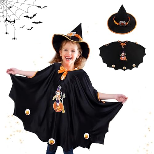 PIUMOJ Fledermaus Umhang Kostüm, Halloween Kostüm Kinder, Fledermaus Cape Kinder mit Hut, Kürbis Umhang Kostüm Cosplay für Halloween Fasching Karneval Party, Schwarz von PIUMOJ