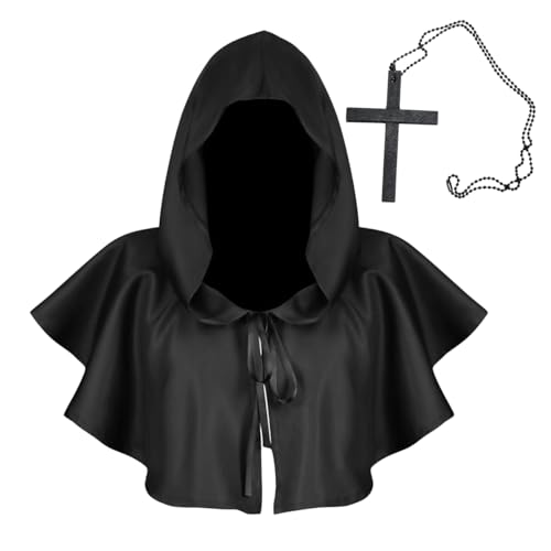 PIUMOJ Mittelalter Kurzhaube Kapuzenmantel Halloween Grim Gugel Mantel Mittelalter Kapuzen Haube Hut Poncho Cosplay Kostüm für Männer Frauen, mit Kreuz-Halskette, Schwarz von PIUMOJ