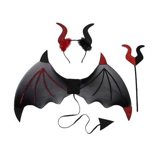 PIUMOJ Teufelskostüm, Halloween Kostüm Teufel Mädchen, Teufelflügel Kostüm mit Teufelshörner Teufelsgabel, Teufelskostüm Cosplay Kostüm für Halloween Karneval für Erwachsene Kinder, 3 Stücke von PIUMOJ