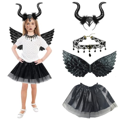 PIUMOJ Teufelskostüm Kinder, Halloween Kostüm Teufel Mädchen, Schwarz Teufelflügel Kostüm mit Spitzenhalskette Tutu Teufelshorn, Teufelskostüm Cosplay Kostüm für Halloween Karneval, 4 Stücke von PIUMOJ