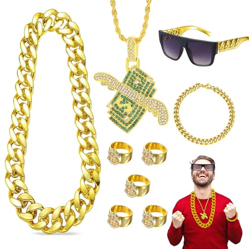 PIXESTT 9 Stück Zuhälter Kostüm Kit, 70er 80er 90er Jahre Outfit Herren für Fette Gangster Kette & Brille Gold Hip Hop Kostüm Kit, Dollar Zeichen Ring für Cosplay Fasching Thema Party. von PIXESTT