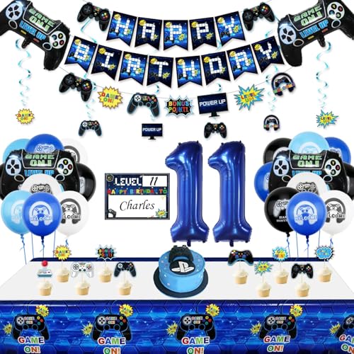 11. Geburtstag Dekorationen für Jungen-Gaming Party Dekorationen für Kinder-HAPPY BIRTHDAY Gaming Banner Videospiel Controller Ballon Kuchen Topper Gaming Hanging Sign Nummer 11 Kerze von PIXHOTUL