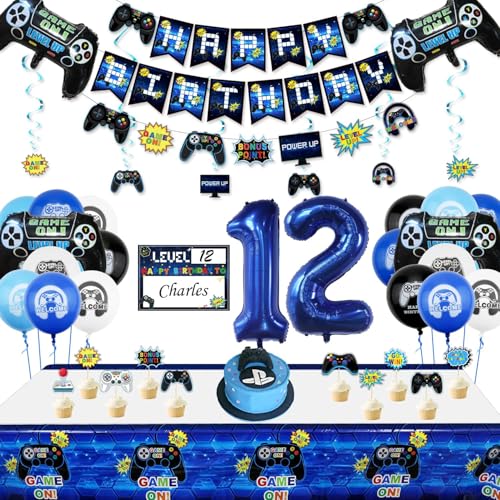 12. Geburtstag Dekorationen für Jungen-Gaming Party Dekorationen für Kinder-HAPPY BIRTHDAY Gaming Banner Videospiel Controller Ballon Kuchen Topper Gaming Hanging Sign Nummer 12 Kerze von PIXHOTUL