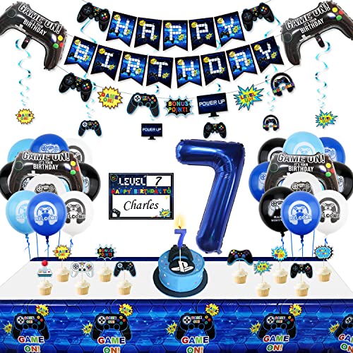 7. Geburtstag Dekorationen für Jungen-Gaming Party Dekorationen für Kinder-HAPPY BIRTHDAY Gaming Banner Videospiel Controller Ballon Kuchen Topper Gaming Hanging Sign Nummer 7 Kerze von PIXHOTUL