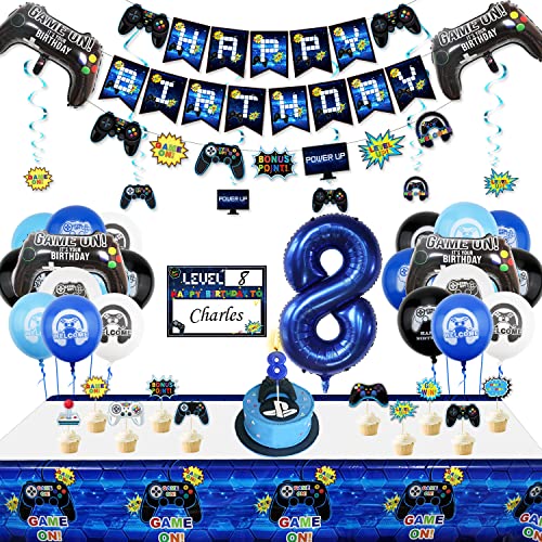 8. Geburtstag Dekorationen für Jungen-Gaming Party Dekorationen für Kinder-HAPPY BIRTHDAY Gaming Banner Videospiel Controller Ballon Kuchen Topper Gaming Hanging Sign Nummer 8 Kerze von PIXHOTUL