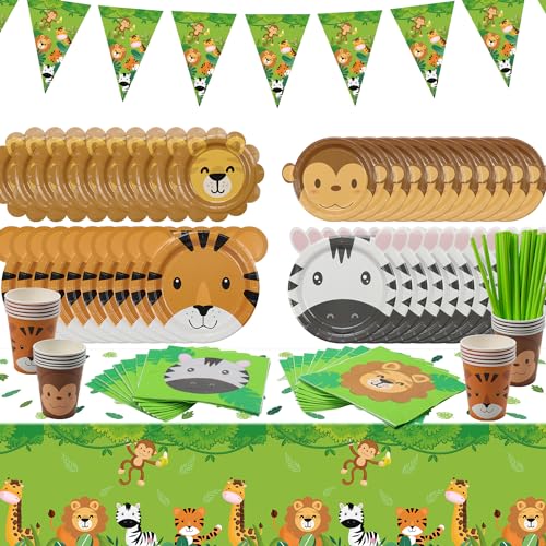 102 Pcs Dschungel Party Supplies- Include Tier Papier Teller, Dschungel Tischdecke, Safari-Flagge, Servietten, Papierbecher, Safari-Thema Party-Zubehör für Kinder Geburtstag, Baby-Dusche von PIXHOTUL