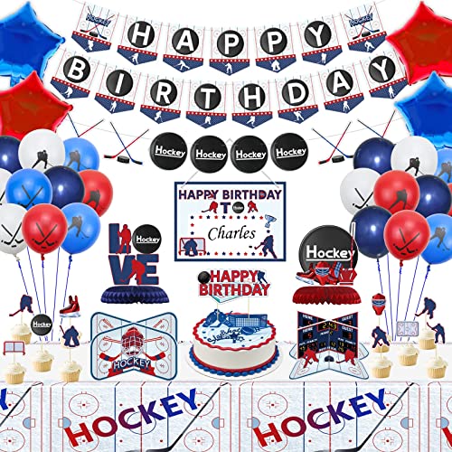 PIXHOTUL Hockey Party Dekorationen, beinhaltet Eishockey Happy Birthday Banner, Hockey Tischdecke, Tischaufsteller, Cake Toppers, Hockey Ballons für Kindergeburtstag Party, Hockey Sport Party von PIXHOTUL