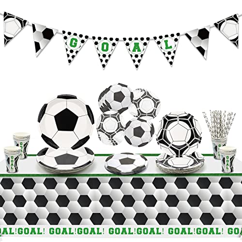 Fußball-Party-Zubehör, Sport-Motto-Party-Pack mit Tellern, Bechern, Servietten, Tischdecke, Banner und Luftballons für 20 Personen von PIXHOTUL