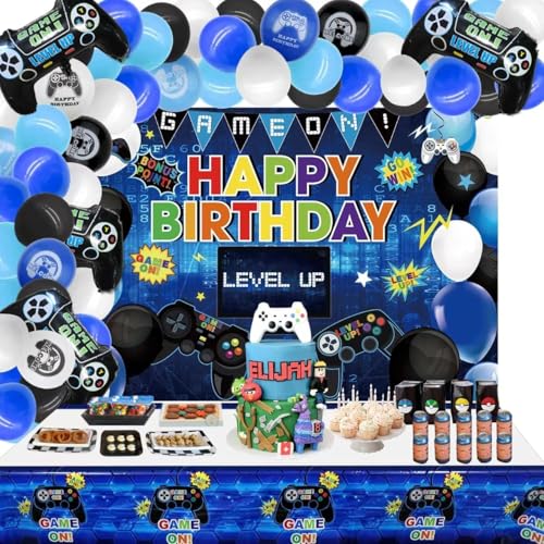 PIXHOTUL Videospiel Happy Birthday Green Dekorations-Set – Gaming-Thema Happy Birthday Hintergrund Tischdecke 82-teiliges Luftballon-Girlanden-Bogen-Kit für Kinder- und Gamer-Geburtstagsfeier von PIXHOTUL