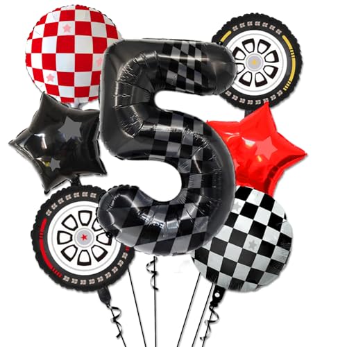 Race Car Balloons - 5th Birthday Balloons Number 5 Balloon, Star Balloons, Checkered Balloons, Helmet Balloon, Tire Balloons, 5th Birthday Decorations for Boys Race Car Birthday Party Supplies von PIXHOTUL