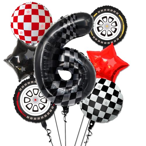 Race Car Balloons - 6th Birthday Balloons Number 6 Balloon, Star Balloons, Checkered Balloons, Helmet Balloon, Tire Balloons, 6th Birthday Decorations for Boys Race Car Birthday Party Supplies von PIXHOTUL