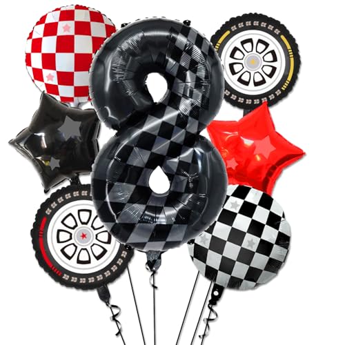 Race Car Balloons - 8th Birthday Balloons Number 8 Balloon, Star Balloons, Checkered Balloons, Helmet Balloon, Tire Balloons, 8th Birthday Decorations for Boys Race Car Birthday Party Supplies von PIXHOTUL