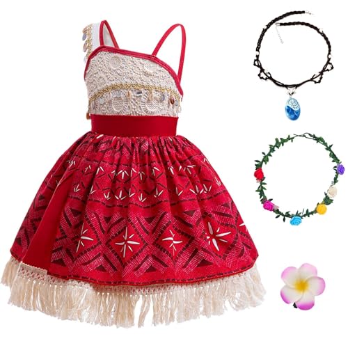 PIXUYE Prinzessin Kostüm Karneval Mädchen Karneval Kleid mit Perücke Halskette Ein Blumenkranz und ein Hawaii-Kleid für Geburtstag Cosplay,B02-100cm von PIXUYE