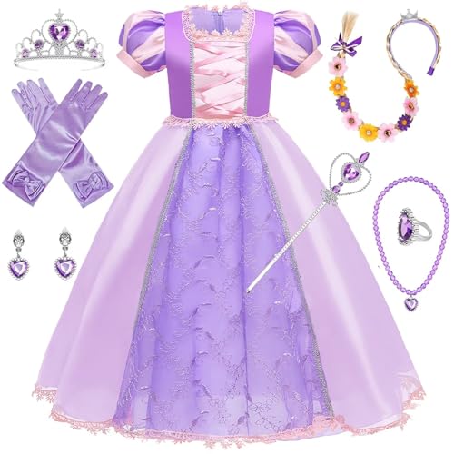 PIXUYE Rapunzel Kostüm Kinder Prinzessin Rapunzel Kostüm mit Krone und Zauberstab Cosplay Verkleidung Festlich Karneval Festkleid Maxikleid Geburtstagsfeier von PIXUYE