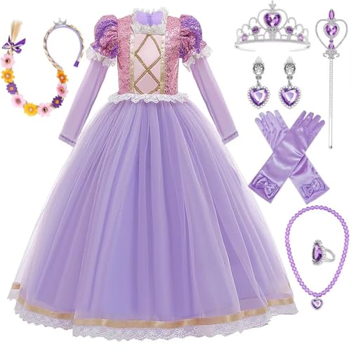 PIXUYE Rapunzel Kostüm Kinder Prinzessin Rapunzel Kostüm mit Krone und Zauberstab Cosplay Verkleidung Festlich Karneval Festkleid Maxikleid Geburtstagsfeier von PIXUYE