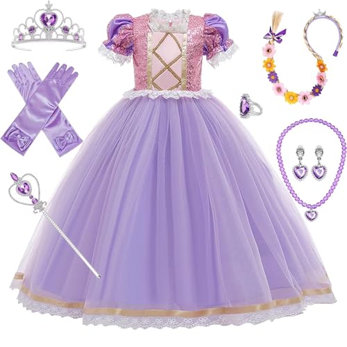 PIXUYE Rapunzel Kostüm Kinder Prinzessin Rapunzel Kostüm mit Krone und Zauberstab Cosplay Verkleidung Festlich Karneval Festkleid Maxikleid Geburtstagsfeier von PIXUYE