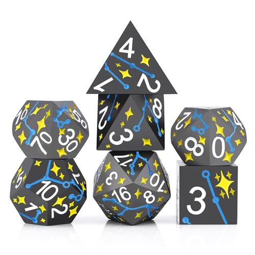 PJOY Metall Würfel Set D&D Star Dice Set DND Polyedrische Würfel für RPG Rollenspiele Dungeons and Dragons TTRPG Schwarz Gelb Blau DND Würfel von PJOY