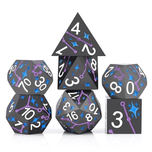 PJOY Metall Würfel Set D&D Star Dice Set DND Polyedrische Würfel für RPG Rollenspiele Dungeons and Dragons TTRPG Schwarz Lila Blau DND Würfel von PJOY