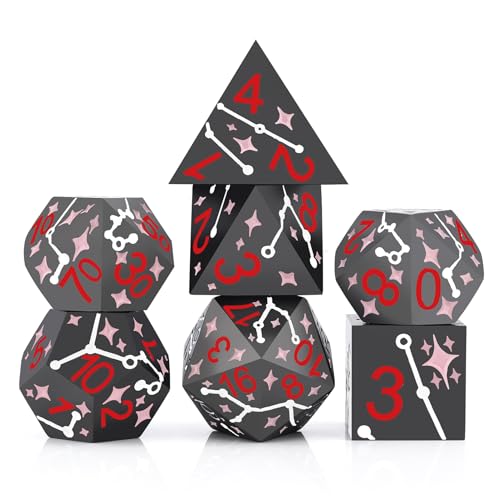 PJOY Metall Würfel Set D&D Star Dice Set DND Polyedrische Würfel für RPG Rollenspiele Dungeons and Dragons TTRPG Schwarz Rot Rosa Würfel von PJOY