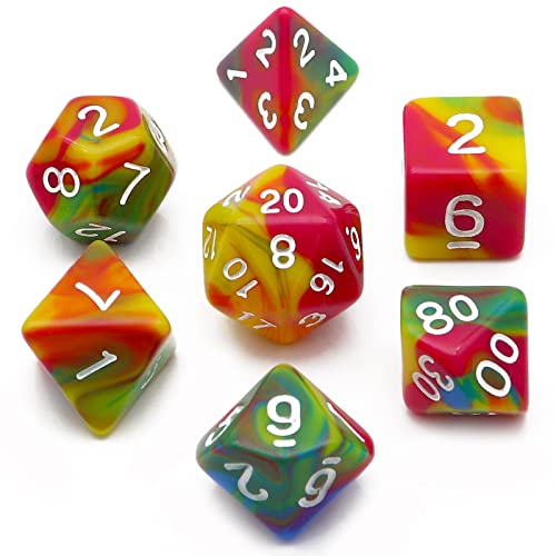 PJOY Rainbow Adventure Dice Set 7PCS DND Polyhedral Dice with Velvet Bag for Dungeon and Dragons D&D RPG Role Playing Games - Yellow Blue Red Green Swirls von PJOY