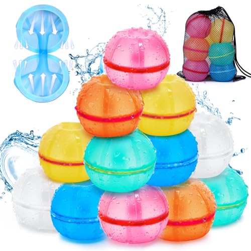 PKKP 12 Stück Wiederverwendbare Wasserbomben Wasserballons, Wasserbomben Mehrweg Magnetisch Selbstschließend, Silikon Spritzbälle Befüllbare, Wasserspielzeug für Pools, Strände und Partys von PKKP