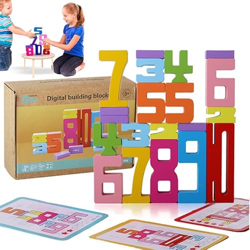 PKKP Montessori Zahlen Bausteine aus Holz, Motorikspielzeug Building Blocks, Zahlenerkennungs und Farb Stapelspiel, Montessori Spielzeug ab 3 Jahre (A Farbbox + 15 Karten) von PKKP