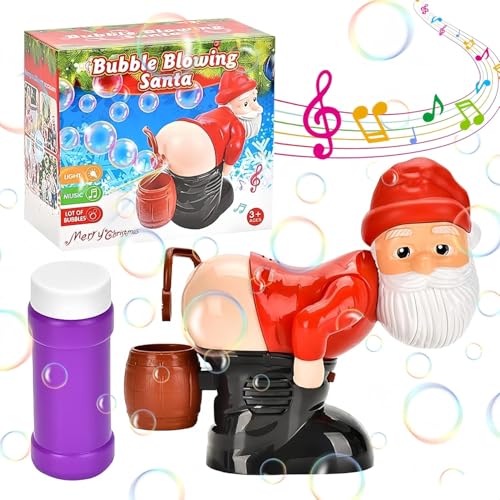 PKKP Santa Claus Bubble Blower, Lustige Weihnachten Bubble Maschine mit Lichtern Musik und 60ML Seifenblasenflüssigkeit, Weihnachtsmann Automatische Furz Bubble Machine (Rot) von PKKP