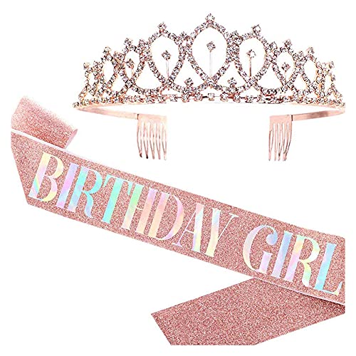 PLABBDPL Geburtstagskrone Geburtstags SchäRpe Prinzessin Krone Glitzer Rose Gold Geburtstag Mädchen Schärpe & Strass Tiara Kit für Geburtstag Geschenk Party Zubehör und Dekorationen (2PCS,Pink) von PLABBDPL