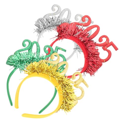 PLAFOPE 4 Stück 2025 Neujahr Stirnband Tiara Glitzer Pailletten Stirnband Neujahr Kopfschmuck Frohes Neues Jahr Party Haarband Silvester Party Gefälligkeiten von PLAFOPE