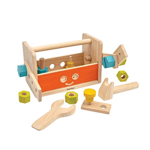 PlanToys Werkzeugkoffer aus Holz mit Schraubenschlüssel, Muttern und Schrauben, Holzbrettern und Formen, nachhaltig aus Gummibaumholz und ungiftigen Farben und Farbstoffen von PlanToys