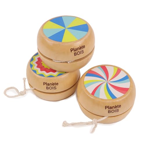 PLANÈTE BOIS 030145YPA Pack mit 24 Jo-Jos-Zum Sammeln-030145YPA-24 Stück-Bunt-Holz-Kinderspiel-Freizeit-Kirmes-Vintage-6 cm x 6 cm-Ab 3 Jahren von PLANETE BOIS