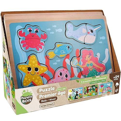 PLANÈTE BOIS 052463APA Pack mit 12 Puzzles Erde Meer Himmel-FSC-Bildungsspiel-Erste Überlegungen-052463APA-8 Teile-Mehrfarbig-Holz-Kinderspiel-30 cm x 22,5 cm-Ab 2 Jahren von PLANÈTE BOIS