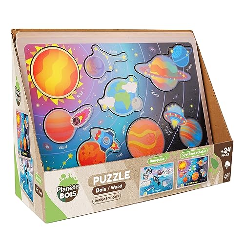 PLANÈTE BOIS 052466 Puzzle Das Sonnensystem oder die Eisdecke-FSC-Lernspiel-052466-8 Teile-Zufälliges Modell-Holz-Kinderspiel-Kinderpuzzle-30 cm x 22,5 cm-Ab 2 Jahren von PLANETE BOIS