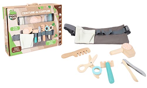 PLANÈTE BOIS 030195 Kleiner Friseur-Set-FSC-030195-12 Stücke-Beige-Holz-Kinderspiel-Langleiches Spielzeug-Lustig-Bildend-Imitationsspiel-Frisur-30 cm x 22 cm-Ab 3 Jahren, Mehrfarbig von PLANÈTE BOIS