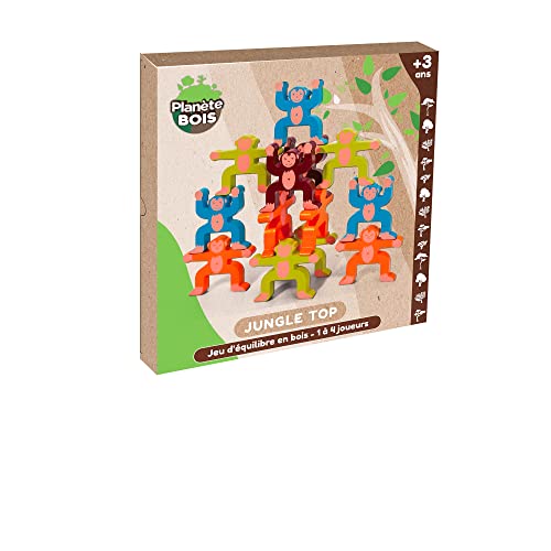 PLANÈTE BOIS 053328 Dschungel Top Balance Spiel-FSC-053328-1 bis 4 Spieler-Mehrfarbig-Holz-Kinderspiel-Gesellschaftsspiel-Geschicklichkeitsspiel-Montessori-28 cm x 26 cm-Ab 3 Jahren von PLANÈTE BOIS