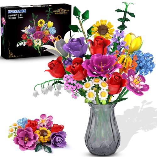 PLAXSOON Blumen Bauspielzeug für Erwachsene, 18 Blumen Valentinstag Rosen Bausteine, Botanical Collection Bauklotz Spielzeug Pflanzen Home Deko 1015 Stück, Geschenk für Freundin Freund Mädchen 6+ von PLAXSOON