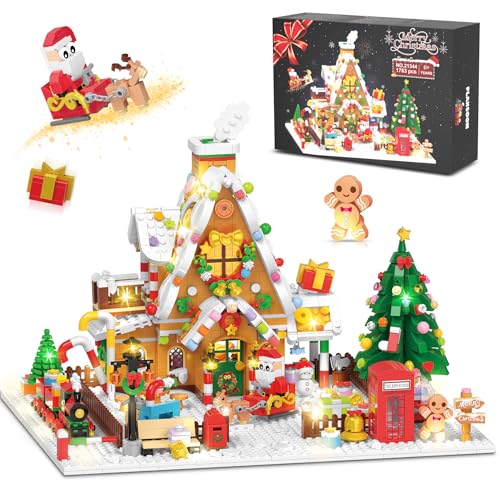 PLAXSOON Weihnachten Lebkuchenhaus Mini Bauspielzeug mit LED Licht, 1763 Stück Weihnachts Baustein Spielzeug Weihnachtsmann Christbaum Zug, Baukasten Geschenk für Erwachsene Kinder Mädchen Jungen 10+ von PLAXSOON