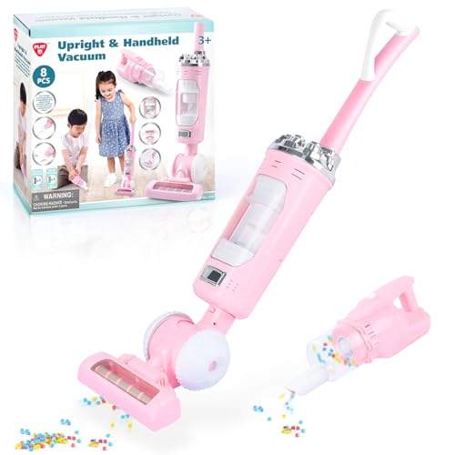 PLAY 2 in 1 Kinder Staubsauger Set, Elektrischer Staubsauger Spielzeug mit Eva-Granulat, Saugen und Soundfunktion, Staubsauger Putzset für Kinder, Jungen und Mädchen ab 3 Jahren (Rosa) von PLAY