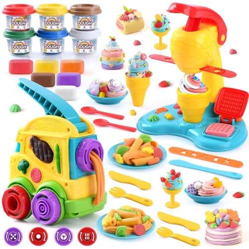 PLAY 2 in 1 Knete Set Zubehör Kitchen Creations, DIY Knete Eismaschine Nudelmaschine, Kinderknete Set Knetwerkzeug, Spielzeug Geschenk Mädchen & Junge Knete ab 3 Jahre, mit 504g Colors Knete von PLAY