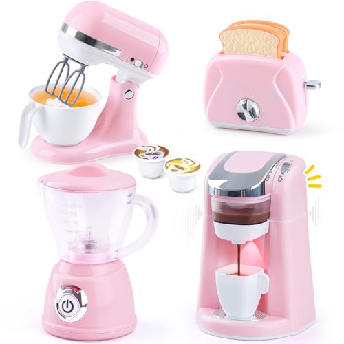 PLAY Kinderküche Zubehör Set, Kinder Spielzeug Küche Set mit Kaffeemaschine, Mixer, Mixer und Toaster mit Realistische Beleuchtung und Sound, Küchengeräte Spielküche Zubehör Set für Kinder 3+ (Rosa) von PLAY