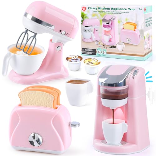 PLAY Kinderküche Zubehör Spielzeug Set, Küchengeräte Kinder Set mit Kaffeemaschine, Mixer, Toaster mit Realistischen Lichtern und Geräuschen, Kindergeschenke für Mädchen und Jungen ab 3 Jahren (Rosa) von PLAY