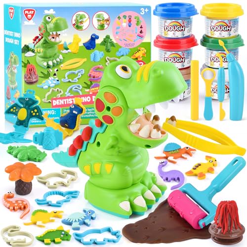 PLAY Knete Set für Kinder - DIY Dinosaurier Knete Zubehör ab 3 Jahre, Kinderknete Dinosaurier zahnarzt Spielzeug Knete mit 6 Dosen Knetmasse, Spielzeug Geschenk Mädchen & Junge von PLAY