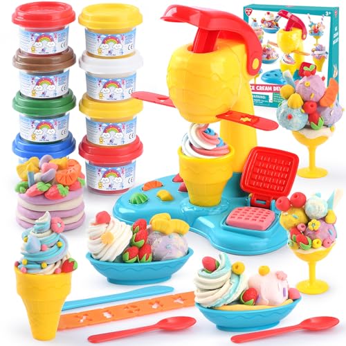 PLAY EIS Knete Set für Kinder - DIY Knete Eismaschine Set Knete Zubehör, Kinderknete Kitchen Creations Eismaschine mit Knetwerkzeug 8 Dosen Knetmasse, Spielzeug Geschenk Mädchen & Junge 3-10 Jahre von PLAY