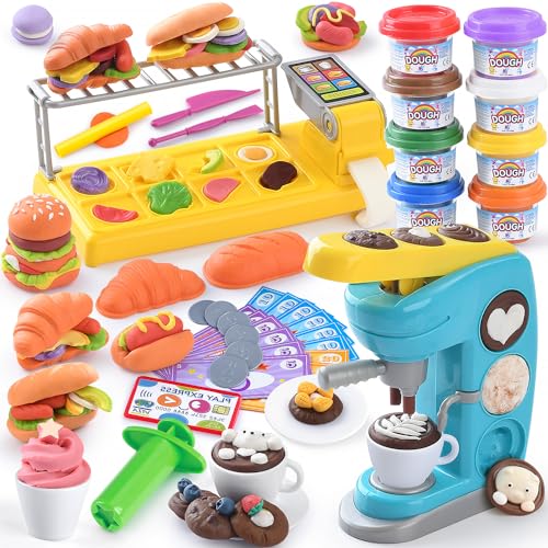 PLAY Knete Set für Kinder - DIY Knetspaß Café Knete Zubehör, Kinderknete Kitchen Creations Kaffeemaschine kinder Knete mit 8 Dosen Knetmasse, Spielzeug Geschenk Mädchen & Junge 3-10 Jahre von PLAY