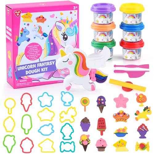 PLAY Knete Set für Kinder EIS und Einhorn Set - Anfänger Knete Zubehör knete ab 3 Jahre, Kinderknete Kitchen Creations mit knetwerkzeug 6 Dosen knetmasse, Geschenk mädchen 4 5 6 7 8 Jahre von PLAY