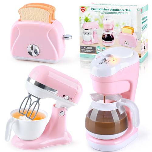 PLAY Küchengeräte Spielzeug Set, Kinderküche Zubehör Set Mit Kaffeemaschine, Mixer, Toaster, Mit Realistischen Lichtern und Geräuschen, Kindergeschenke für Mädchen und Jungen ab 3 Jahren - Neu Rosa von PLAY