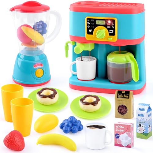 PLAY Küchengeräte Spielzeug Set, Kinderküche Zubehör Set mit Kaffeemaschine, Mixer, Lebensmittel Spielzeug, Realistische Beleuchtung und Sound, Kinder Spielzeug Küche Set für Kinder 3+ von PLAY