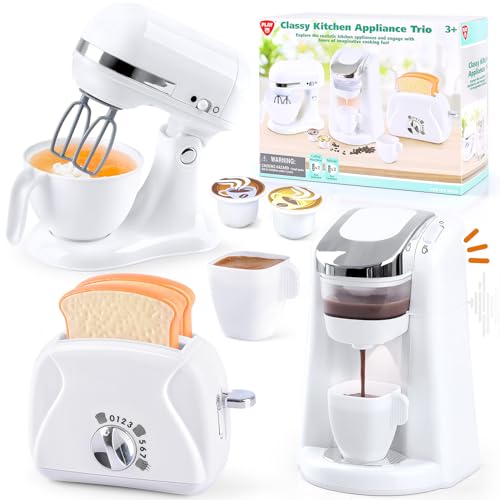 PLAY Küchengeräte Spielzeug Set, Kinderküche Zubehör Set mit Kaffeemaschine, Mixer, Toaster mit Realistischen Lichtern und Geräuschen, Kindergeschenke für Mädchen und Jungen ab 3 Jahren (Weiß) von PLAY