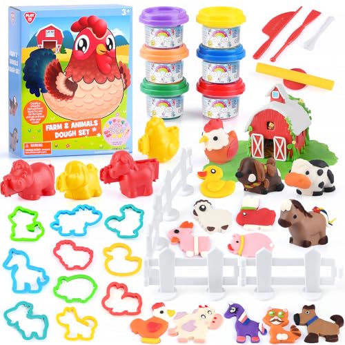 PLAY Nutztiere Knete Set für Kinder - Knete Zubehör Knete ab 3 Jahre, Bauernhof Tiere Kinderknete mit knetwerkzeug 6 Dosen knetmasse, Geschenk mädchen 4 5 6 7 8 9 10 Jahre von PLAY