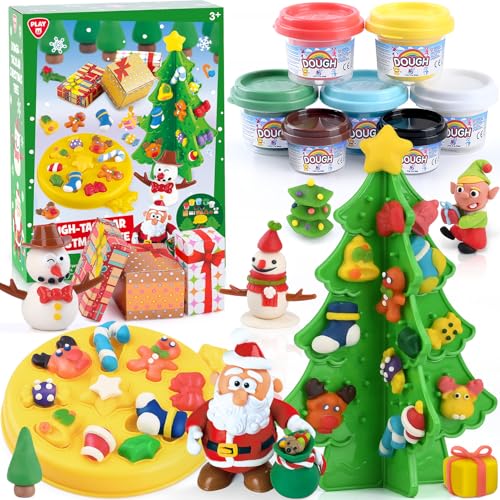 PLAY Weihnachten Knete Set für Kinder - Knete Zubehör knete ab 3 Jahre DIY Weihnachtsbaum Set, Christmas Kinderknete mit knetwerkzeug 7 Dosen knetmasse, Geschenk mädchen 4 5 6 7 8 9 10 Jahre von PLAY